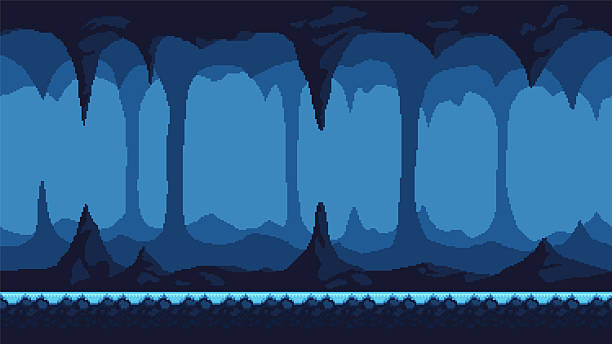 Vector pixel art illustration of a frozen cave with stalactites and cold underground scenery. Retro 8-bit style icy background for platform games and fantasy environments.