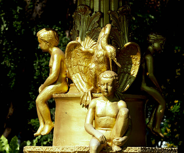 A Fountain at the Elms gilded age historic mansion garden at Bellevue avenue in Newport, Rhode Island, USA