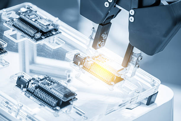 istock Close up scene the micro circuit board assembly process by robotic arm in the light blue scene. 2237122551