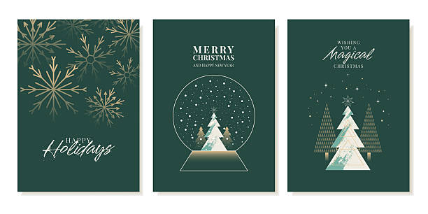Merry Christmas And New Year Greeting Covers With Christmas Trees and Snowflakes. Minimalistic Design With a Golden gradient on a dark background. Modern Vector drawing