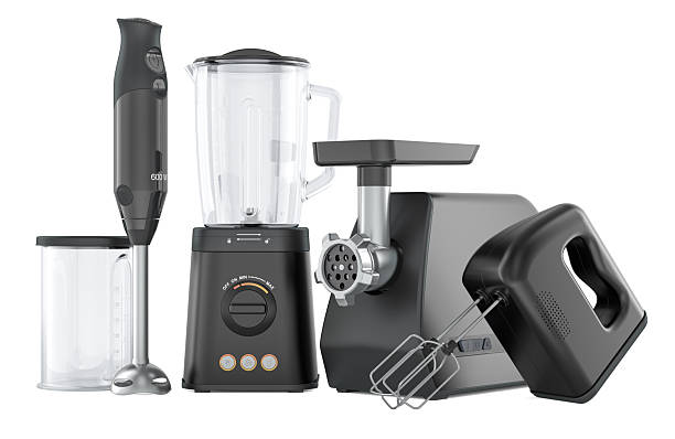 Set of modern kitchen appliances. Blender, hand mixer, meat grinder and immersion blender. 3D rendering isolated on white background
