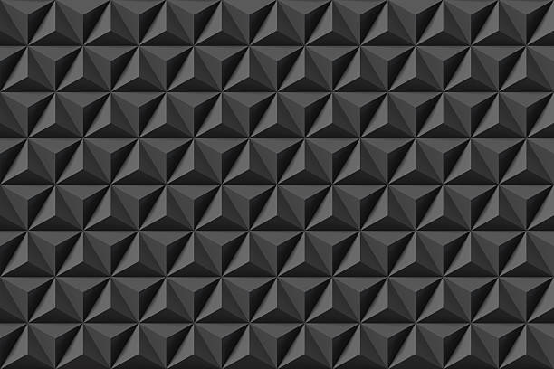 Black equilateral pyramids (tetrahedrons) closely packed together forming a larger hexagonal pattern filling up the screen. Illustration as a background for slide show presentation and web design