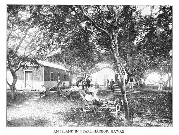 People relaxing at Pearl Harbor, Oahu, Hawaii, USA. Photograph engraving published 1898. Original edition is in my own archives. Copyright has expired and is in Public Domain.