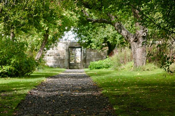 istock A tranquil garden path leads to an old stone wall with a gate, surrounded by lush greenery and dappled sunlight, evoking a peaceful, secret garden atmosphere with rustic charm and natural beauty. 2237131711