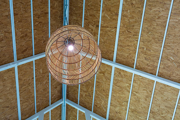 A light fixture made of woven material hangs from a ceiling. An intricately woven pendant lamp emits a warm, inviting glow, illuminating a space with its natural texture and unique design.