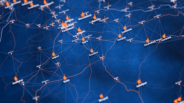 istock Gwalior map big data visualization. Futuristic map infographic of city in India. Visual map data complexity in modern blue and orange colors 2237139501