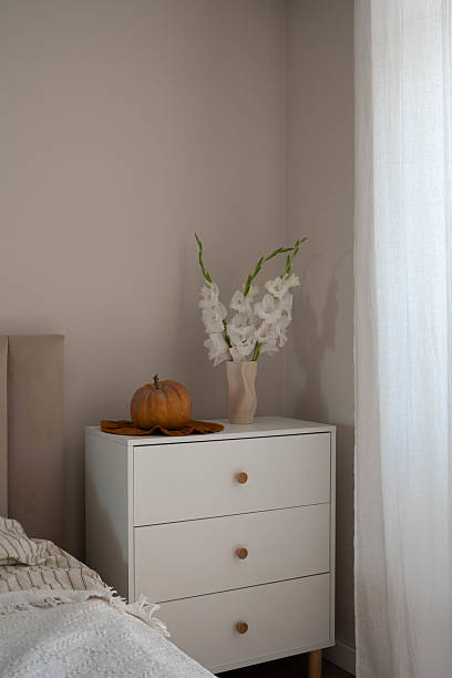 istock A beautifully stylish nightstand elegantly featuring a charming pumpkin, colorful gladiou flowers, and minimalist decor. Autumn decoration. 2237141822