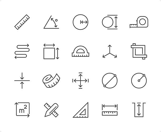 Measurement icons set #81Specification: 20 icons, 64×64 pх, EDITABLE stroke weight! Current stroke 2 px.Features: Pixel Perfect, Unicolor, Editable weight thin line.First row of  icons contains:Ruler, Angle, Radius, Diameter, Roulette;Second row contains:Measuring, Square, Protractor, Three Dimensional, Rulers;Third row contains:Depth, Tape Measure (Centimeter), Distant, Circle, Distance;Fourth row contains:Square Meter, Ruler & Pencil, Triangle Ruler, Length, Deep.Check out the complete Prolinico collection — https://www.istockphoto.com/collaboration/boards/m2yevS1B7EWOAAxLZcvJhQ