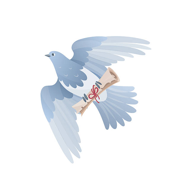 Flying carrier pigeon with a parchment scroll. Pigeon post, mail delivery service. Bird mail concept. Hand drawn vector illustration of a dove in soft gradient style. Perfect for postcards, posters.