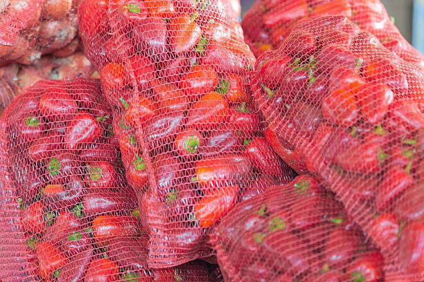 Red peppers fill mesh bags, ready for sale at a fresh produce market