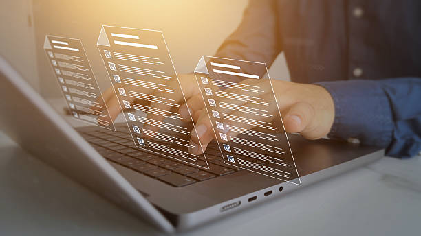 istock Check virtual electronic documents and checklist approve.Business productivity checklist and filling survey form.Fast checklist and clipboard task management. 2237151720