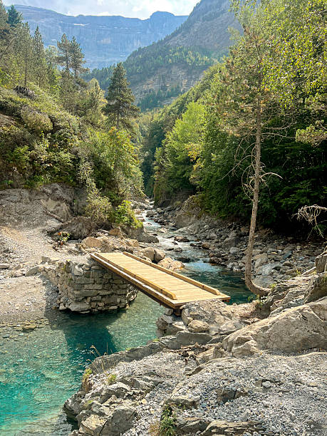 istock Beautiful riverside view with a wooden bridge in the Pyrenees mountains 2237152985