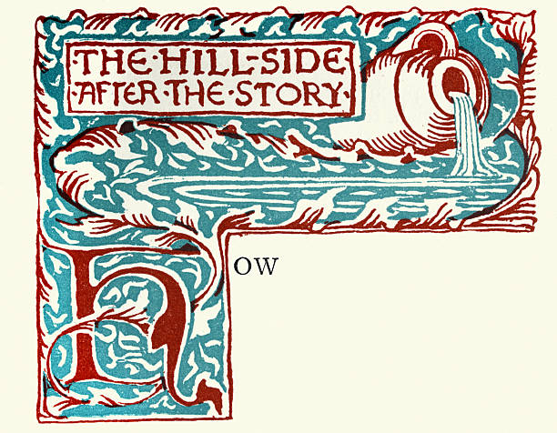Capital letter H, How, endless vase filling the ocean with water, Vintage illustration, 1898 19th Century