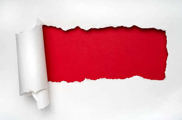 istock Red reveal under white torn paper, sale banner background with copy space 2237170043