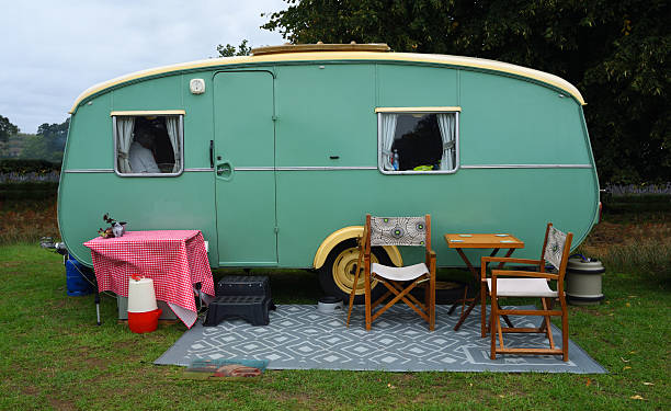 Vintage camper in a scenic outdoor setting