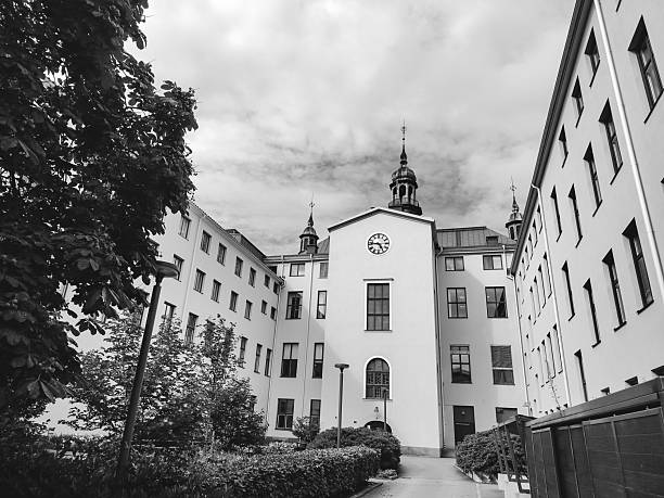 Low angle of a building in black and white