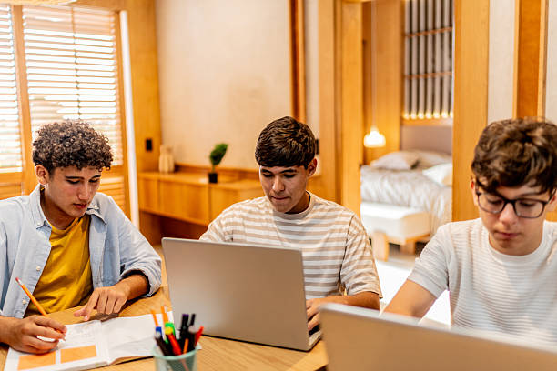 istock Teenage boys talking and studying using laptop at home 2237192814