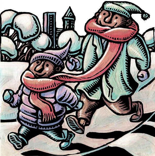 A father and son share a single scarf in the middle of winter.