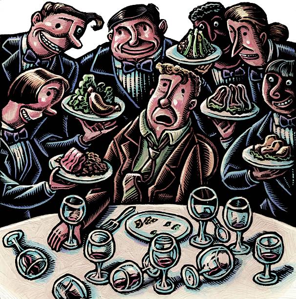 man at wine tasting dinner has waiters offering numerous dishes but he already looks full and a bit sick