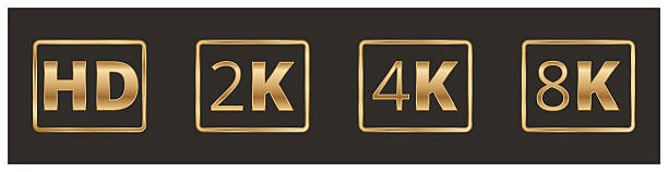 istock Stylish gold hd, 2k, 4k, 8k resolution icons on black background 2237201072