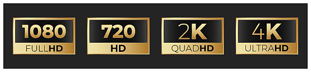 istock Visual display resolution icons: 1080 full hd, 720 hd, 2k quad hd, 4k ultra hd on black background 2237204632