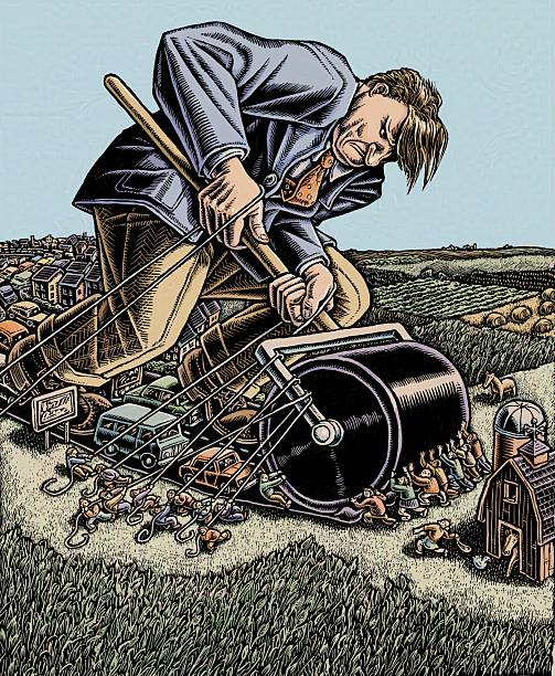 giant man in suit pushes roller over village to create new highway, symbolizing urban sprawl