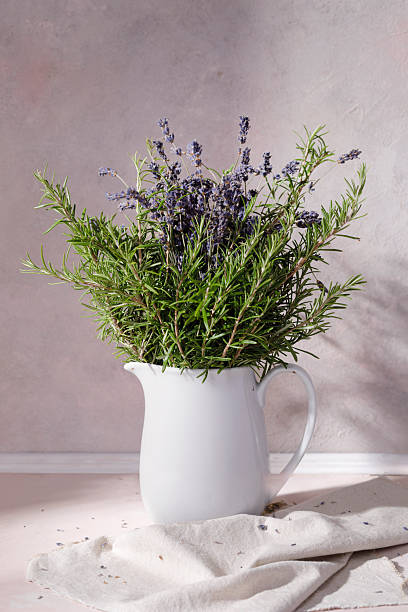 Rosemary and lavender bouquet in a white jug
