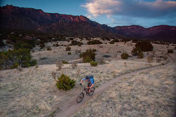 istock Mountain biker following desert track at sunrise 2237213624