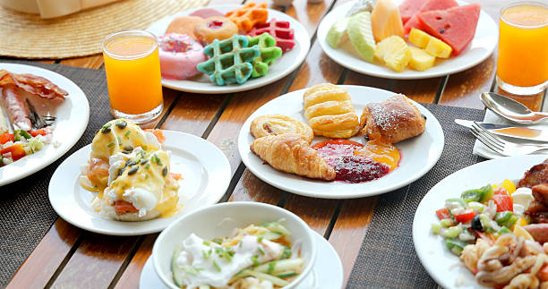 istock Luxurious hotel breakfast buffet with fresh pastries, eggs Benedict, 2237217393