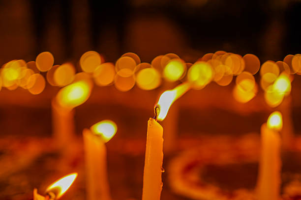 Closeup view of Burning  candlelight around temple in Lalitpur, Nepal.
