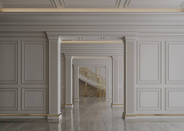 istock Elegant neoclassical interior with marble floor, white columns and golden staircase 2237236749