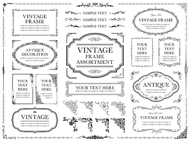 vintage frame set 2_gold Assortment of black vintage frames and ornaments 19th century style stock illustrations