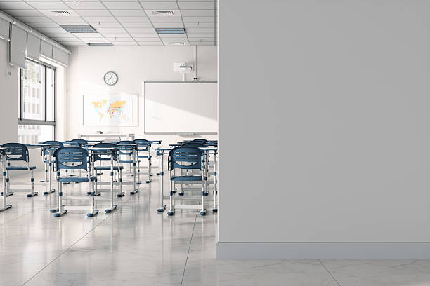 Empty Classroom with Blue Chairs and Whiteboard in Modern School Interior