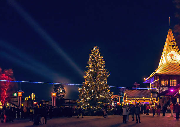 The holiday decorations and illuminations of the Santa Claus village in Rovaniemi, Finland.