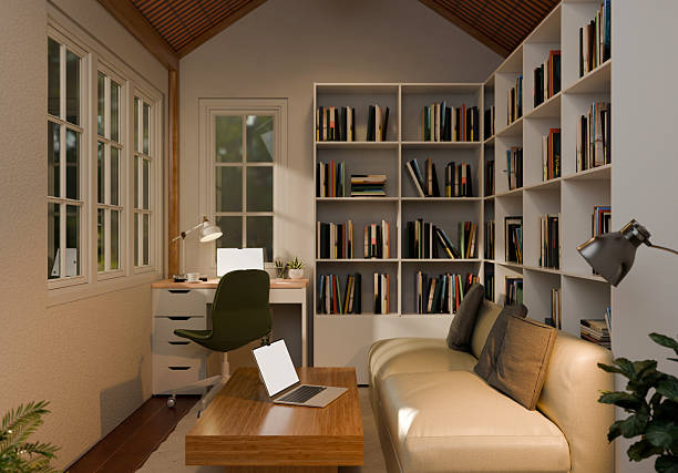 istock 3D rendered modern home library with bookshelves, sofa and work desk 2237252534