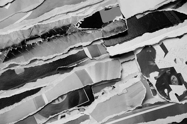 Black and white poster paper, torn into numerous pieces.