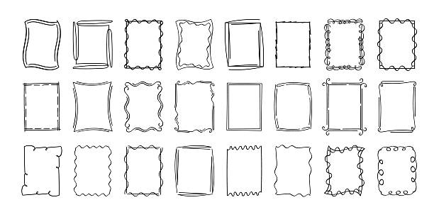 frame doodle rectangular stamp, hand-drawn wavy curly monograms. edgings and cadres with simple sketchy scribble swirl design elements. isolated. vector illustration. - dělení změna tvaru fotky stock ilustrace
