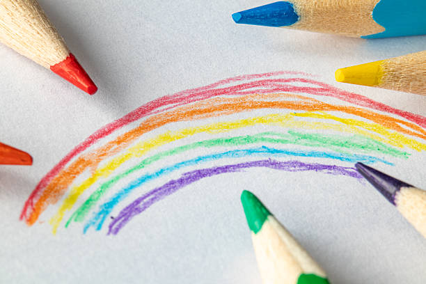 istock Colorful rainbow drawing on white paper surrounded by sharp colored pencils. Symbol of childhood, creativity, imagination 2237262996