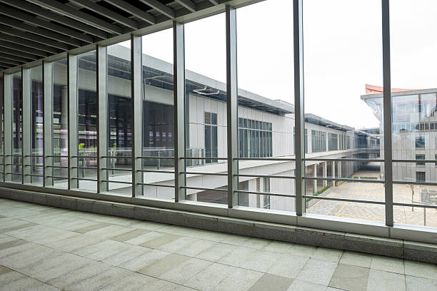 Modern architecture office building glass curtain wall corridor