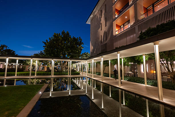 Oklahoma City, OK, USA - August 20th, 2021: Beautiful channel reflection of nearby cafeterias in Oklahoma City downtown at night