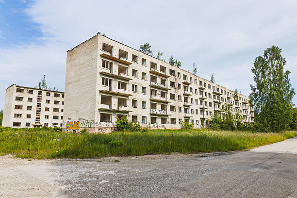 Riga, Latvia - March 14, 2025: Ugly buildings in the residential area of ​​Plavnieki