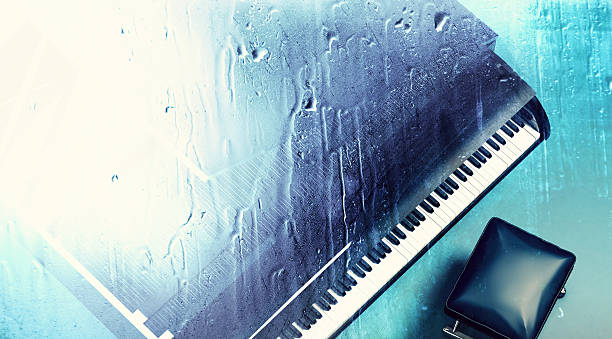 Piano seen from above, through a rain-soaked window, with out-of-focus drops and reflections. 3d illustration