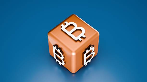 3D Cube Featuring Bitcoin Logos Displayed On Orange Surface With Blue Gradient Background Symbolizing Cryptocurrency Blockchain Investment And Financial Market