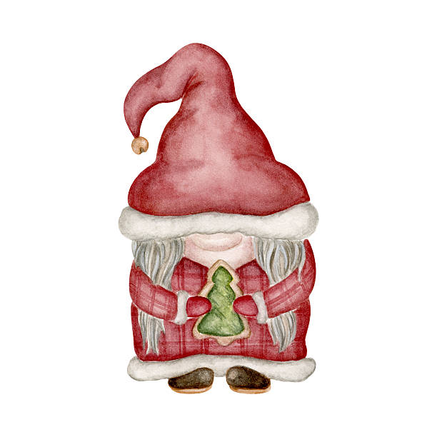 Cute watercolor gnome in a red outfit holding a Christmas tree. Great for cards, wrapping paper, stickers, scrapbooking, and holiday crafts