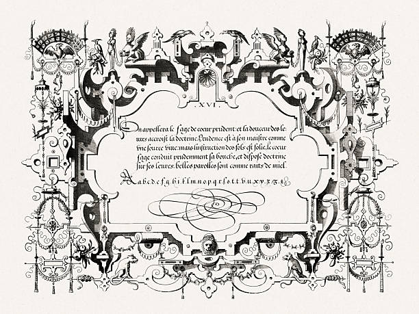 istock Renaissance calligraphy with ornate frame and decorative details. Antique engraving from Brussels, 1569. 2237293593