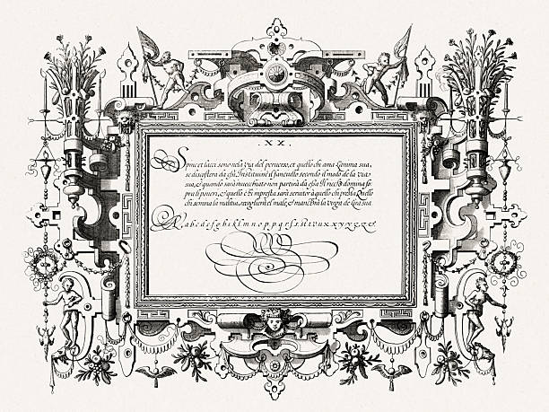 istock Renaissance calligraphy with ornate frame and decorative details. Antique engraving from Brussels, 1569. 2237293610