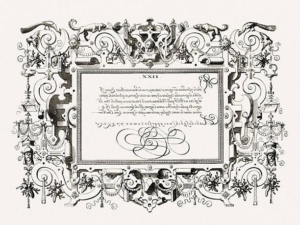 istock Renaissance calligraphy with ornate frame and decorative details. Antique engraving from Brussels, 1569. 2237293619