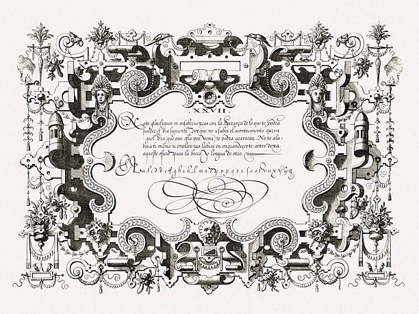 istock Renaissance calligraphy with ornate frame and decorative details. Antique engraving from Brussels, 1569. 2237293632