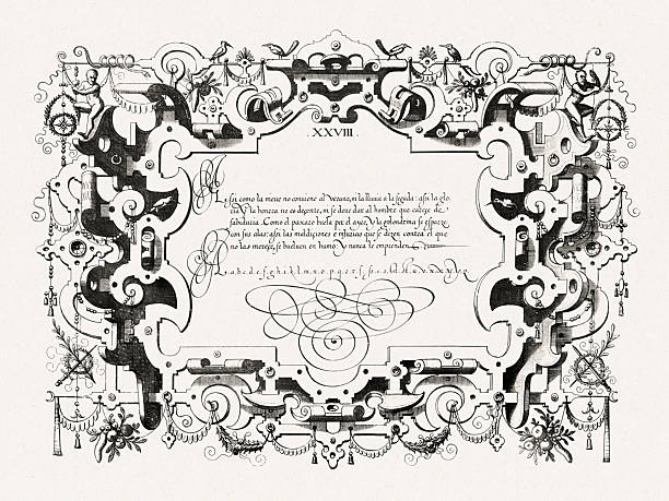 istock Renaissance calligraphy with ornate frame and decorative details. Antique engraving from Brussels, 1569. 2237293638
