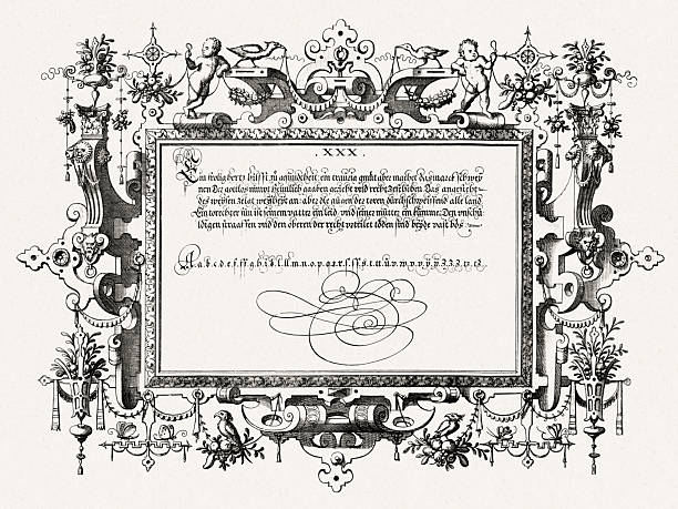 istock Renaissance calligraphy with ornate frame and decorative details. Antique engraving from Brussels, 1569. 2237293654
